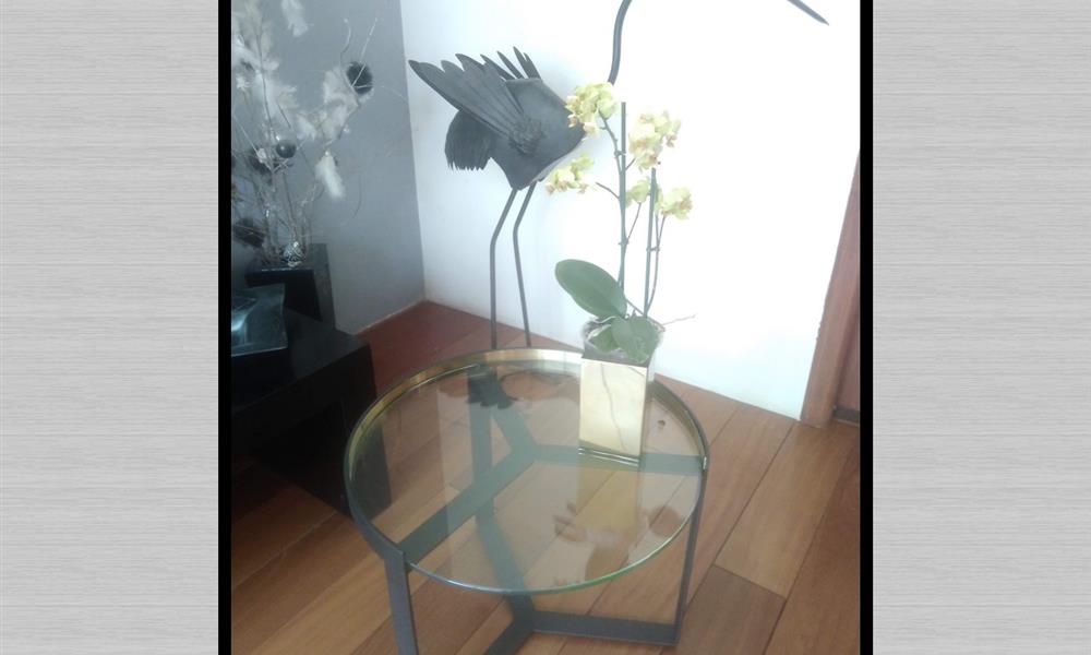 Table en verre acier avec décoration laiton ARINOX