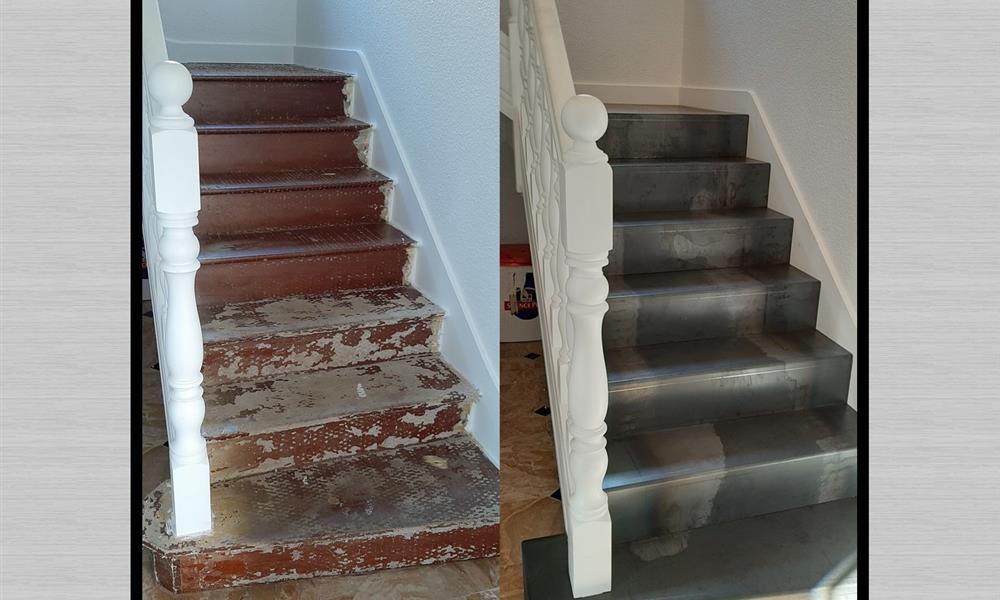 home staging escalier en bois,habillage tole acier ciré - 